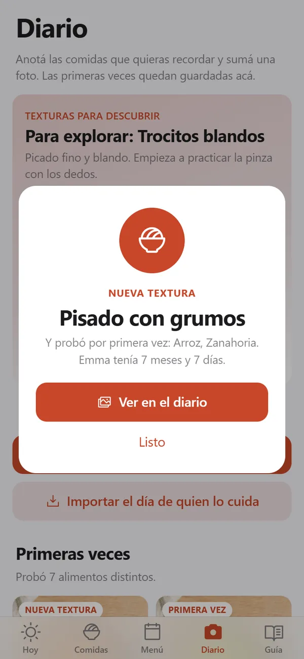 Registro de una primera comida